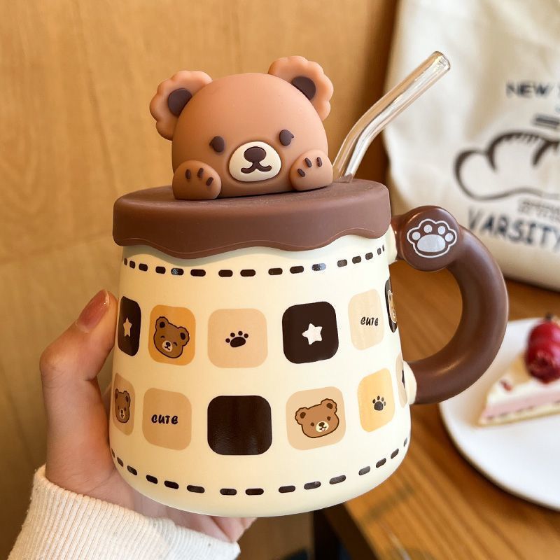Lovely Bear Mug With Lid & Straw