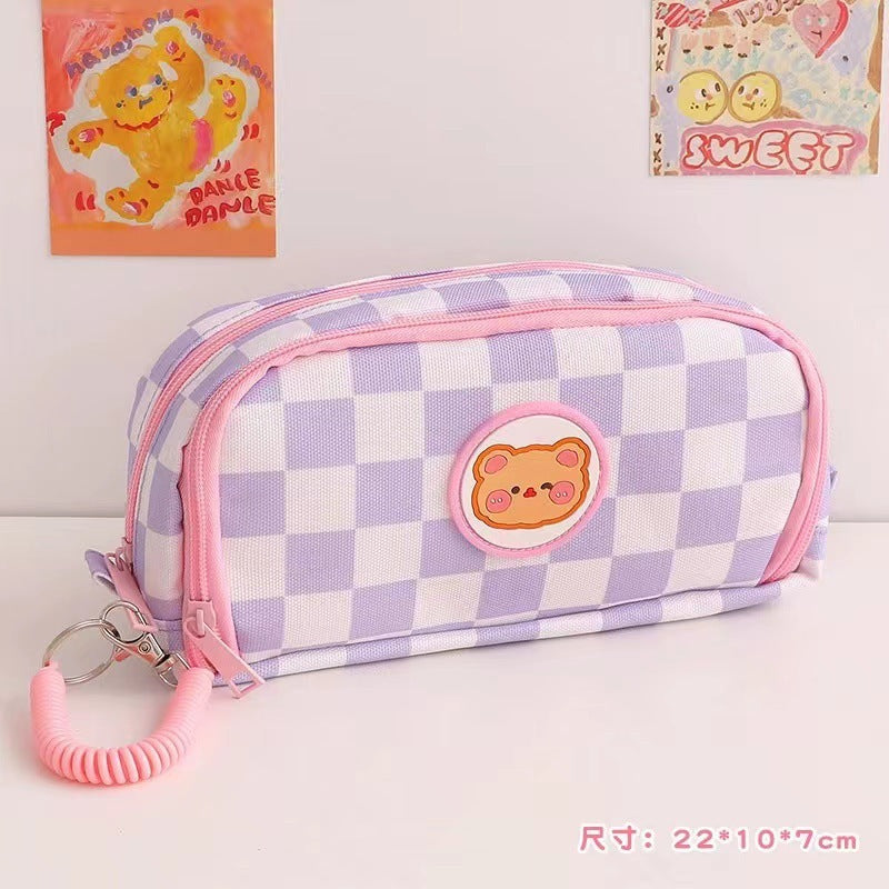 Kawaii Bear Checkerboard Pencil Case
