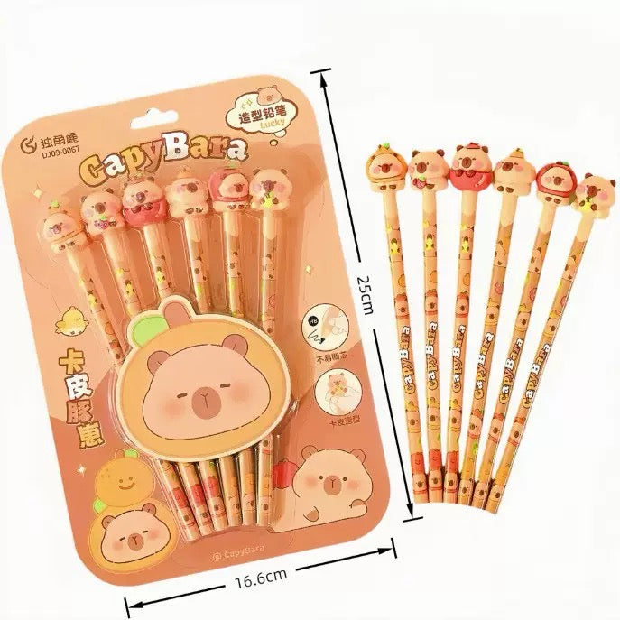 Capybara Pencil and Eraser (6 pencil and 6 eraser)