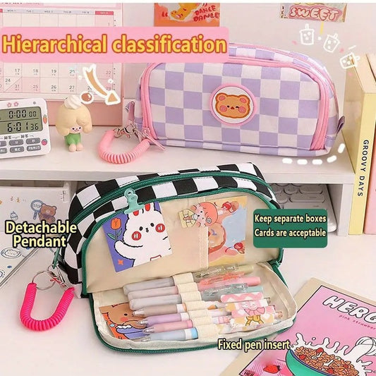 Kawaii Bear Checkerboard Pencil Case