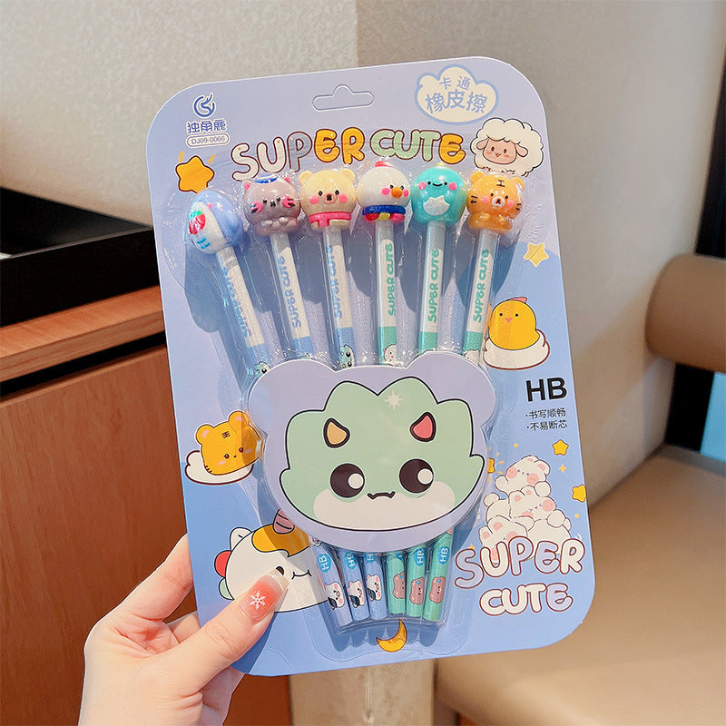 Cute Pencil and Eraser set (6pencil and 6 eraser)