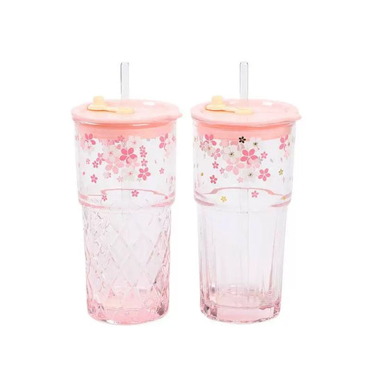 Sakura Glass Cup With Straw