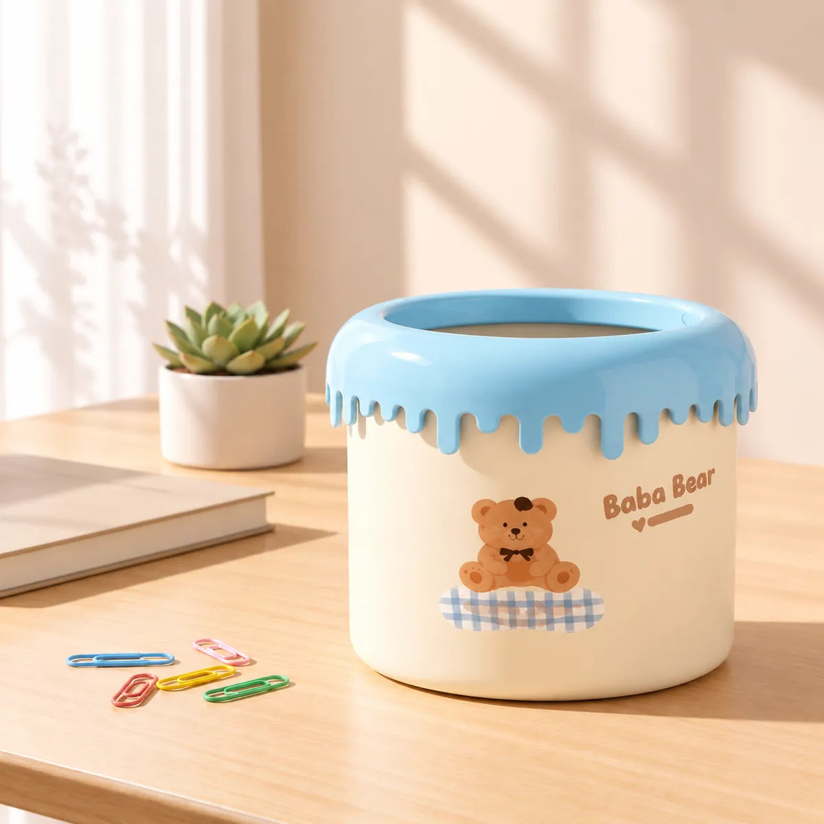 Cute pastel Baba Bear Mini Desk Bin with blue gingham detailing
