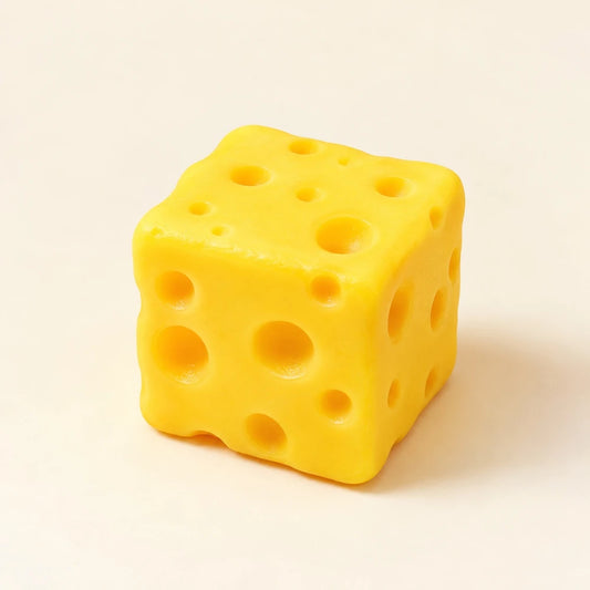 Cheese Squishy Toy featuring a bright yellow cheese cube design with realistic holes and a soft, squeezable texture.