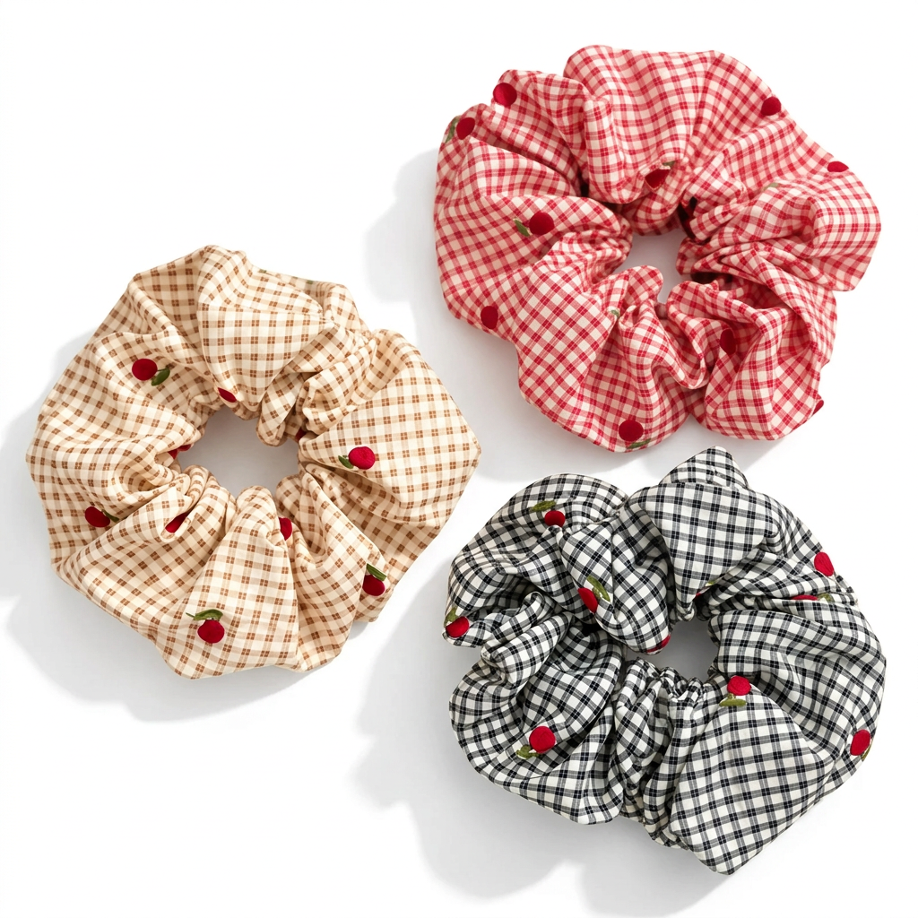 Cherry gingham hair scrunchies in red, beige and black checkered patterns with cute cherry prints and fluffy ruffled fabric.