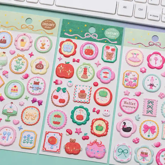 Dreamy kawaii puffy sticker sheet with pastel cute designs for journaling and crafts