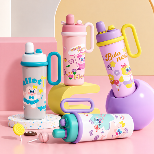 Kawaii dual drink insulated tumbler with cute cartoon prints, pastel colours, straw drinking lid and easy-carry handle.