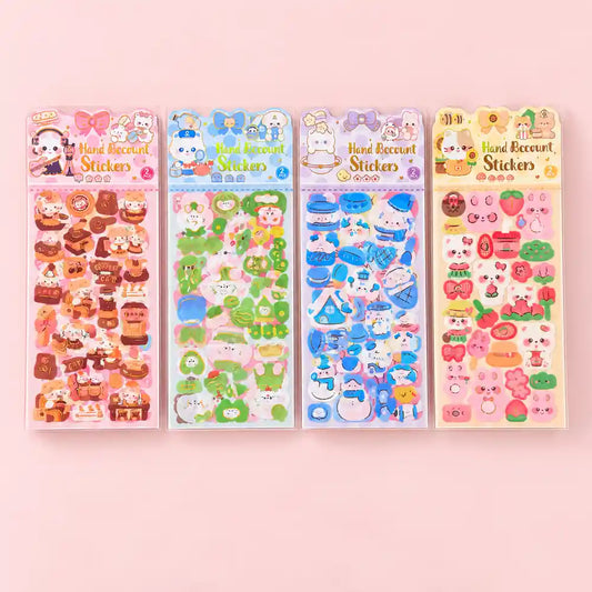 Kawaii puffy sticker set with cute pastel animal, food and character designs