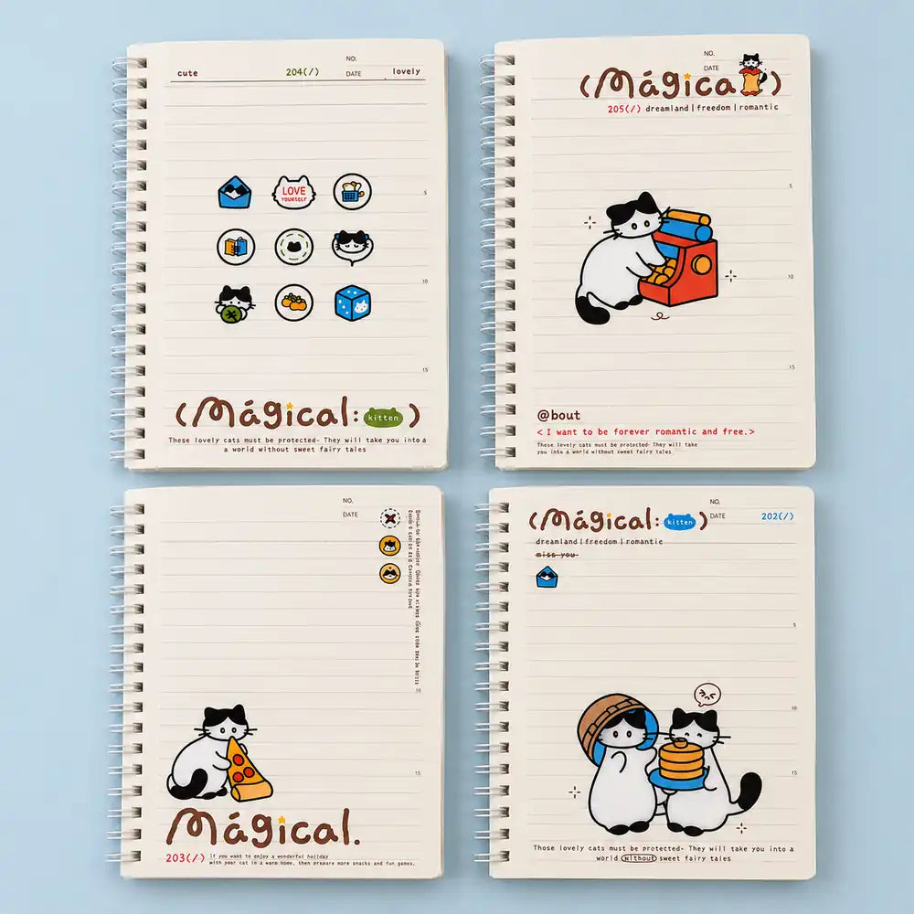 Kawaii ruled notebook with cute cat illustrations and spiral binding.