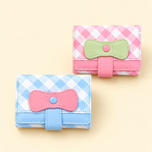 Cute Korean style mini wallet with pastel checkered design, bow detail, and snap-button closure.