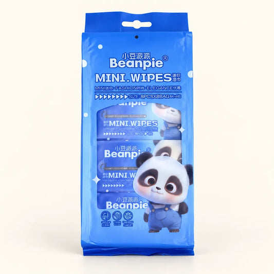 A package of Beanpie Mini Wipes facial cleansing wipes, featuring a blue hanging bag with cartoon panda illustrations and product windows showing the wipes inside.