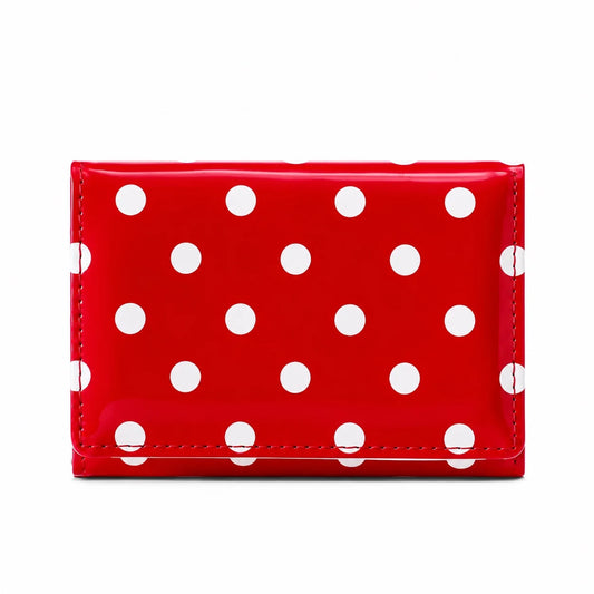 Cute red Polka Dot Wallet with glossy finish, white polka dot pattern, card slots, and clear ID window.