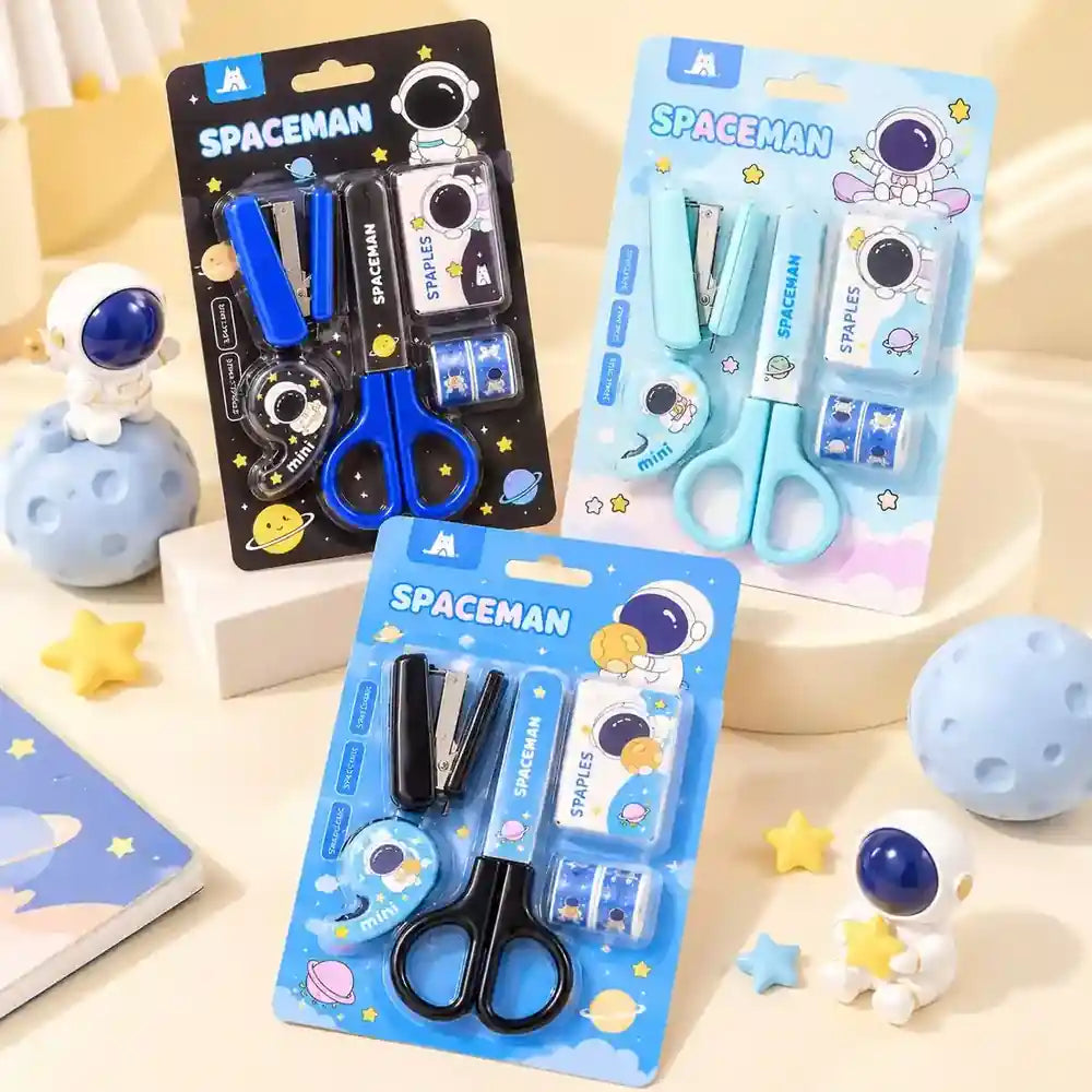 Spaceman stationery set with scissors, stapler, staples and tape in astronaut-themed designs