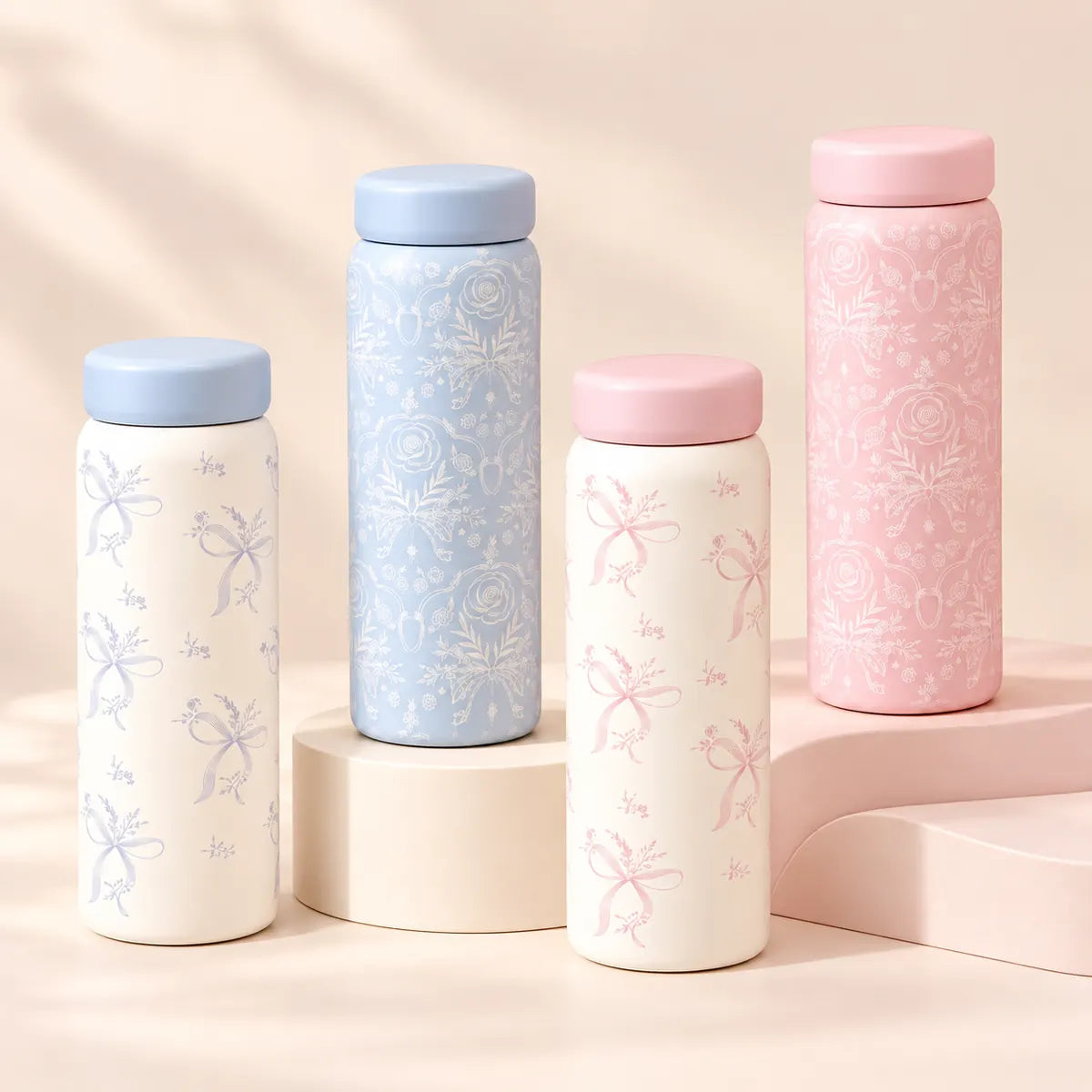 350 ml mini pastel tumbler with cute floral and bow designs in pink and blue