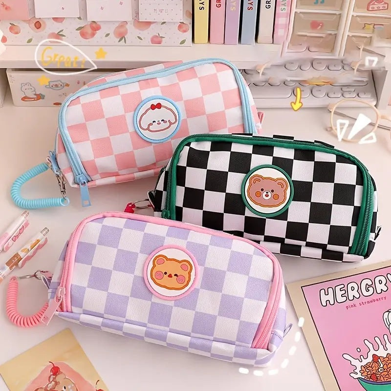 Kawaii Bear Checkerboard Pencil Case
