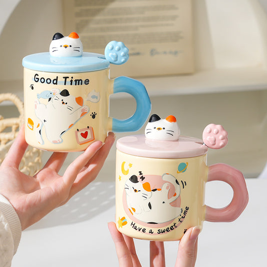 Cute Kitten Mug With Lid & Spoon