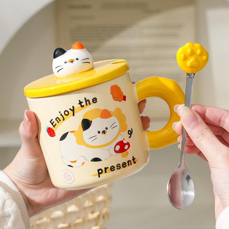 Cute Kitten Mug With Lid & Spoon