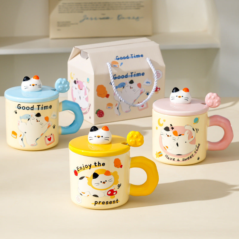 Cute Kitten Mug With Lid & Spoon