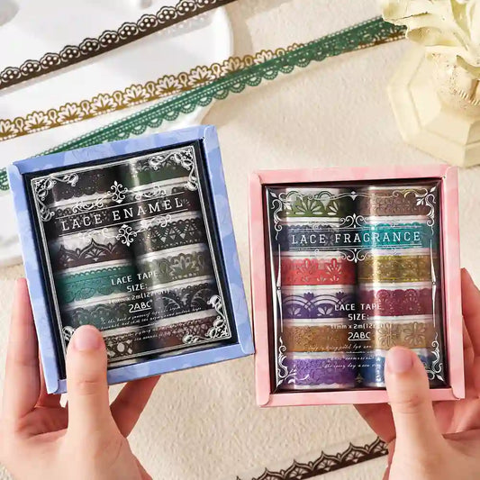 12-roll decorative lace pattern PET tape set in assorted colours for journaling, scrapbooking and crafts