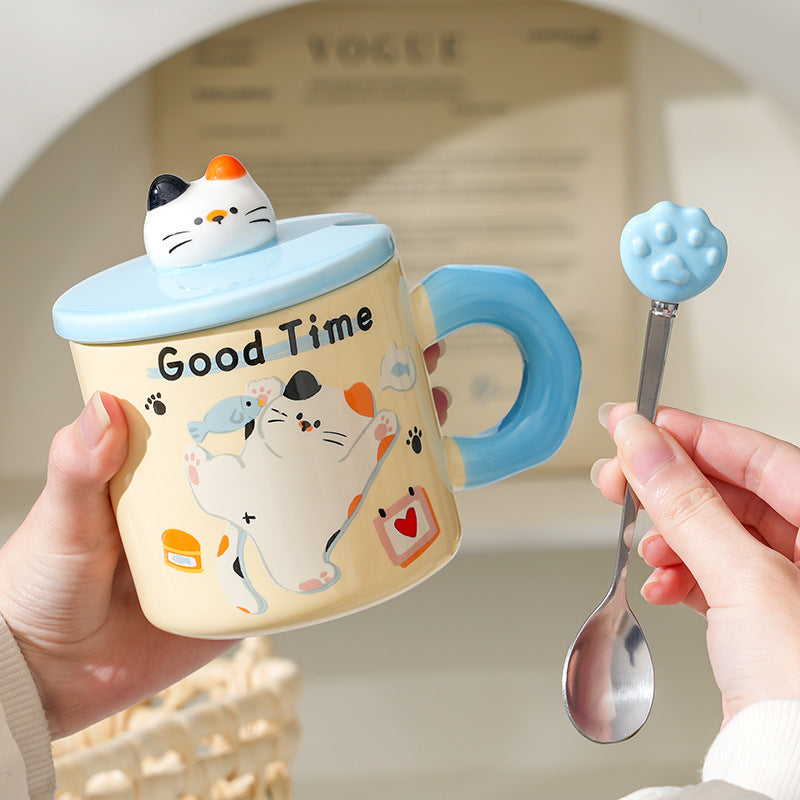 Cute Kitten Mug With Lid & Spoon