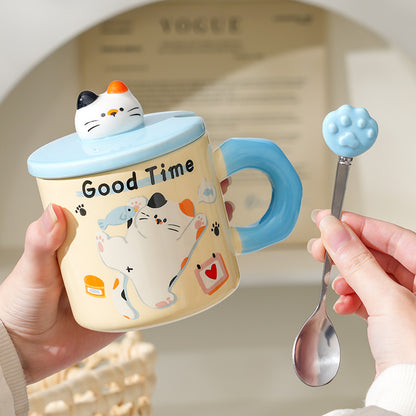 Cute Kitten Mug With Lid & Spoon