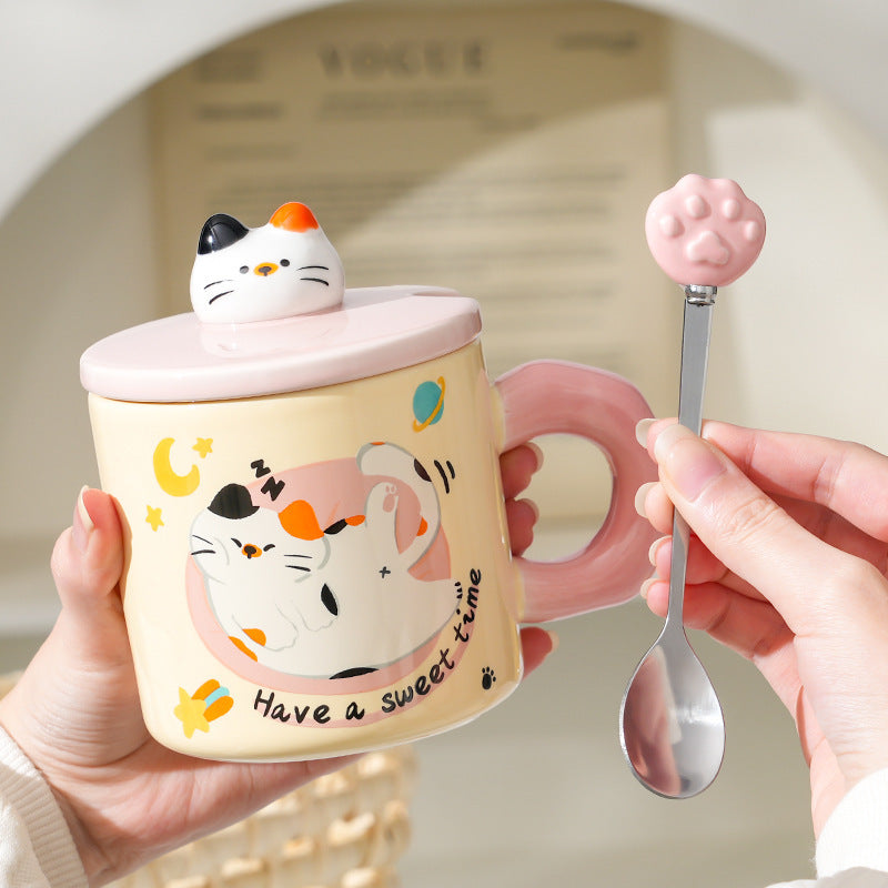 Cute Kitten Mug With Lid & Spoon