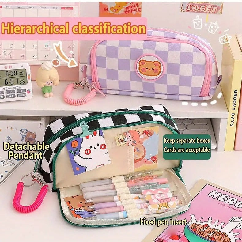 Kawaii Bear Checkerboard Pencil Case