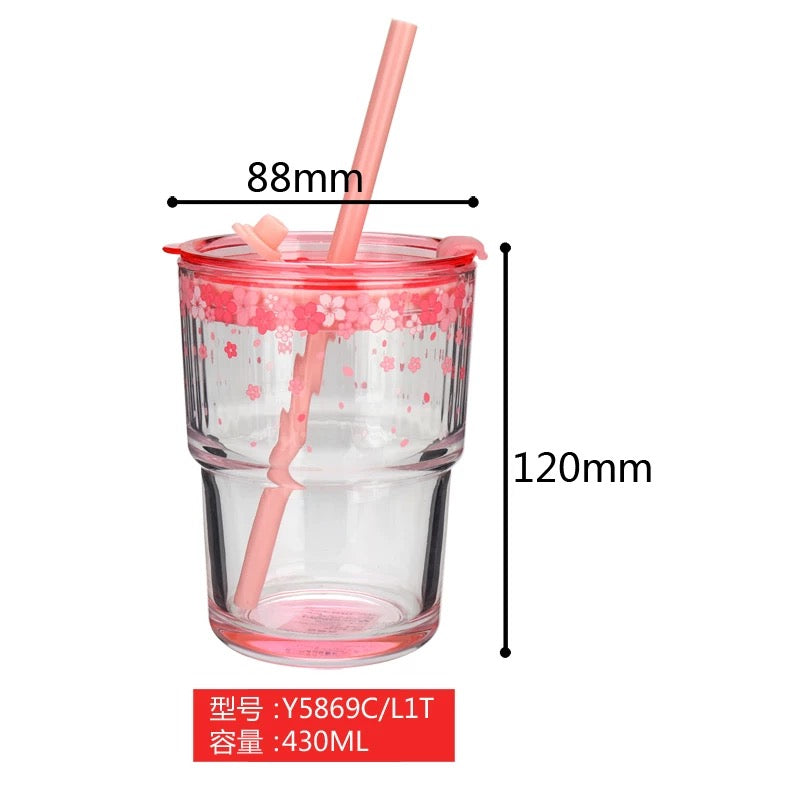 Sakura Glass Cup With Straw