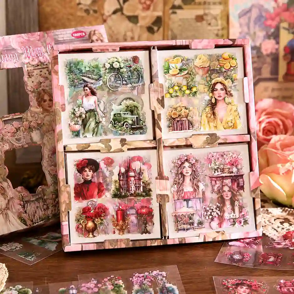 Vintage Garden Sticker Box – 100 Pcs