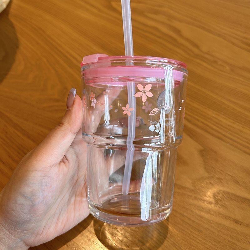 Sakura Glass Cup With Straw