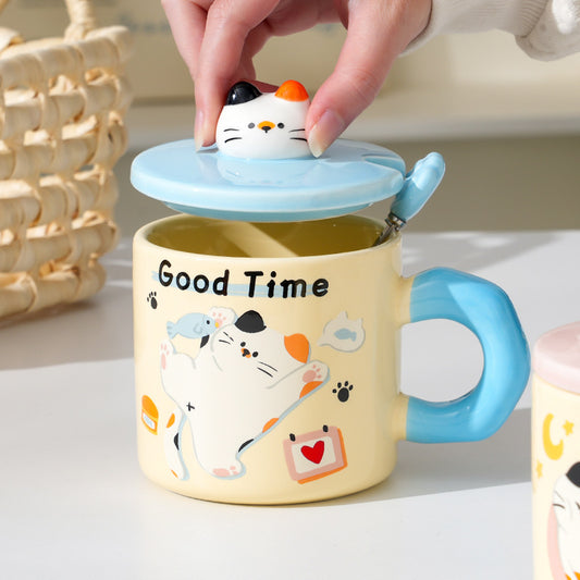 Cute Kitten Mug With Lid & Spoon