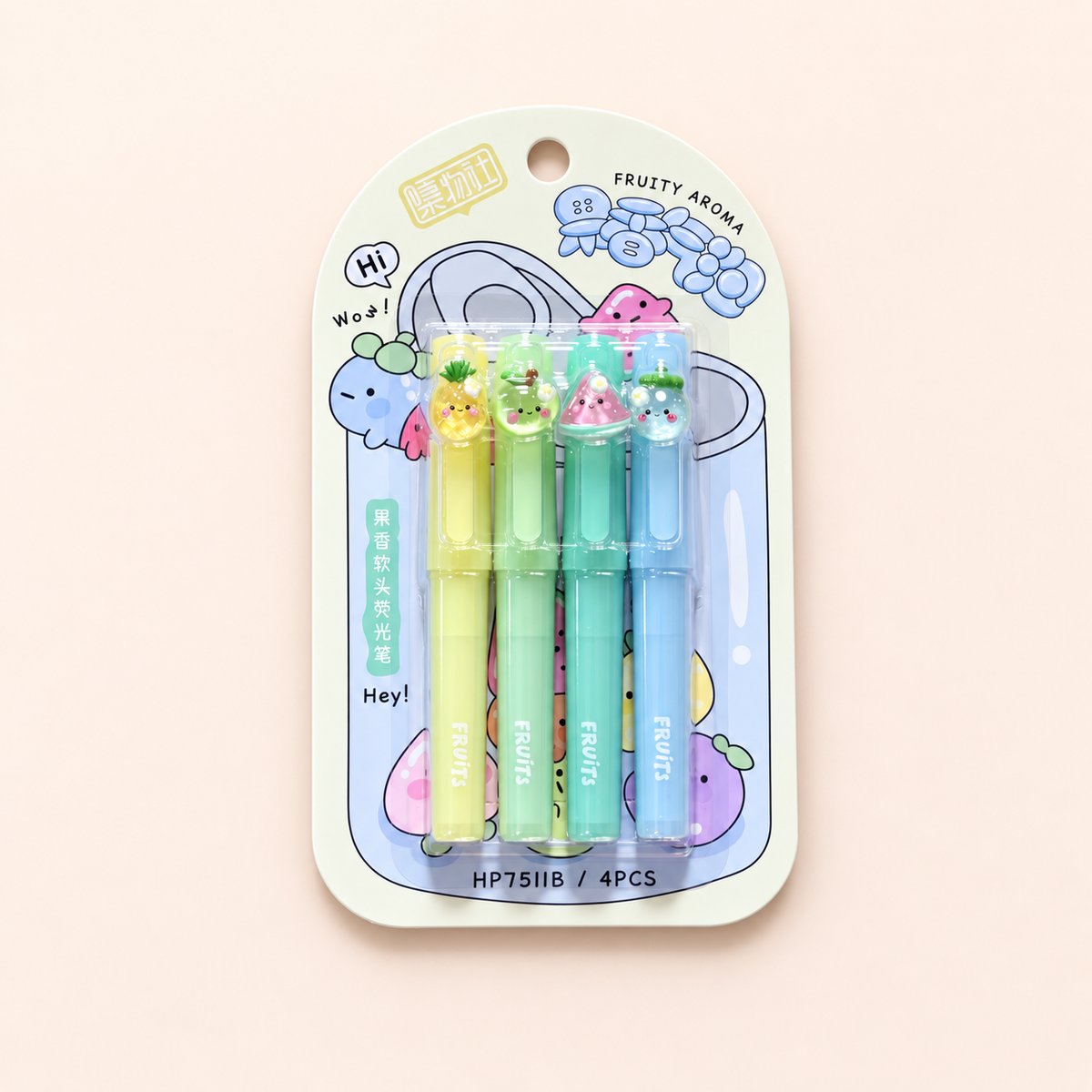 Pastel fruit-themed highlighter pens with cute 3D fruit toppers in seven colours.