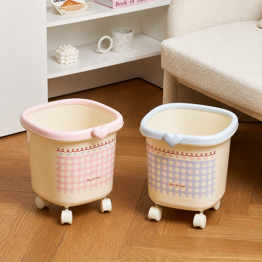 Gingham Trash Can with Wheels