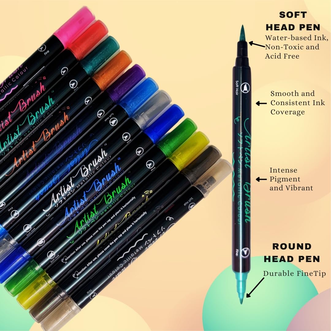 Dual Tip Metallic Brush Pen(12psc)