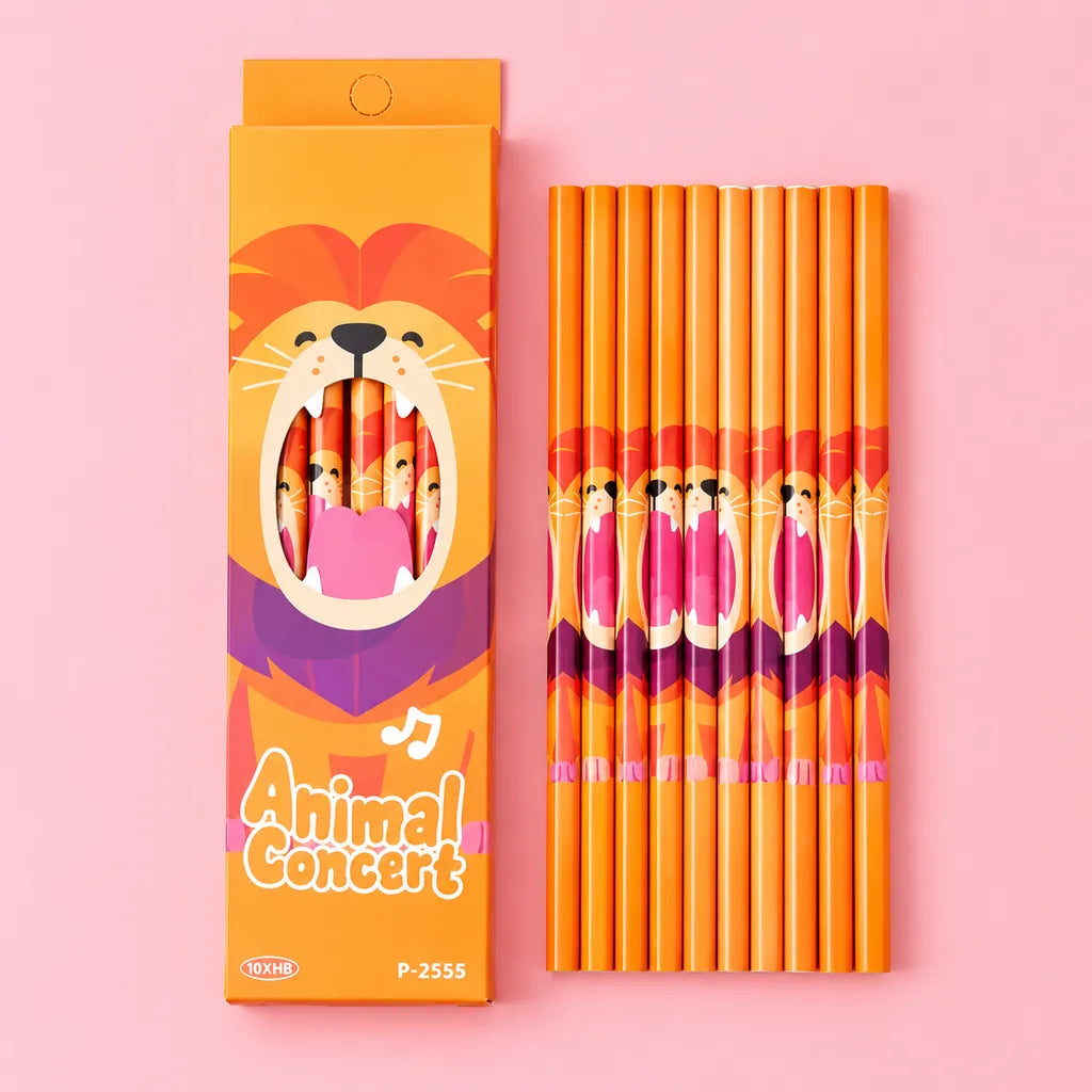 A set of orange pencils with a cartoon lion graphic, shown next to their matching orange packaging box on a solid pink background.