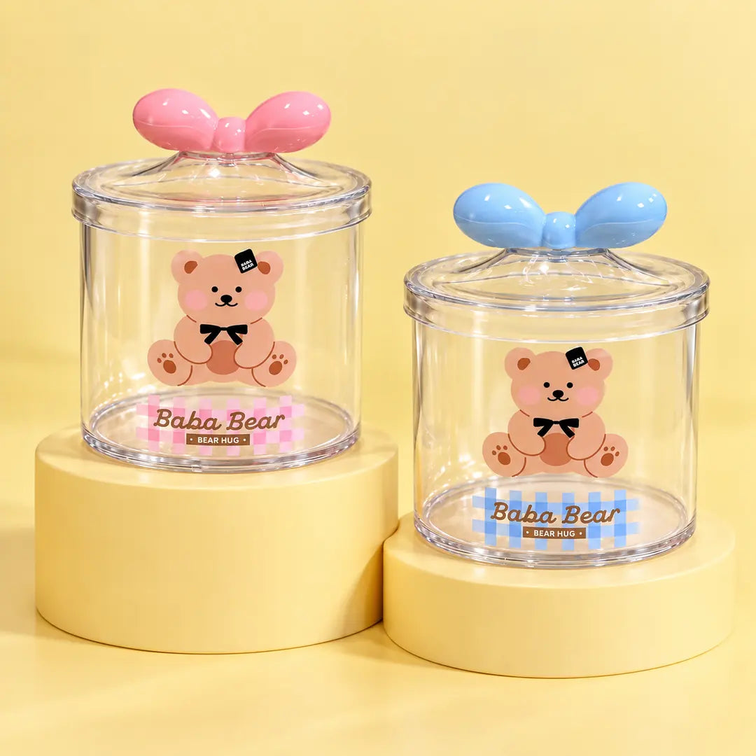 Baba Bear clear plastic storage jar with bow lid in pink and blue
