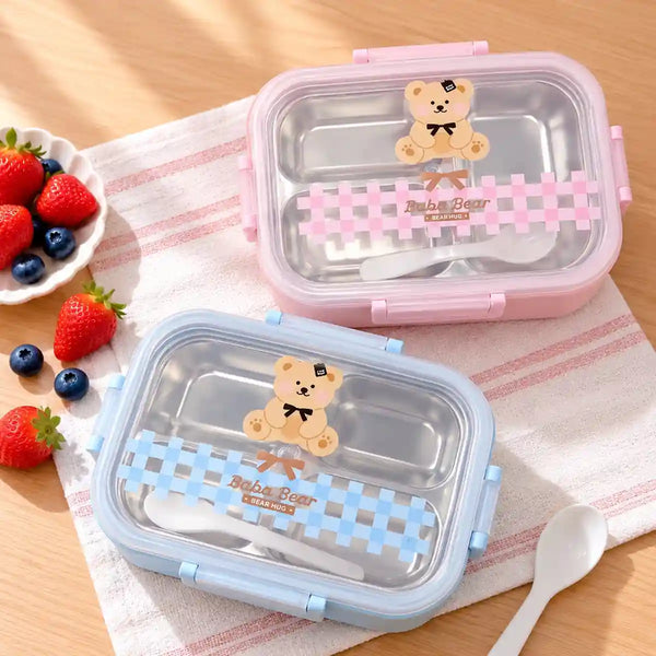  Baba Bear lunch box with 3-compartment stainless-steel tray and gingham bear design in pastel pink and blue.