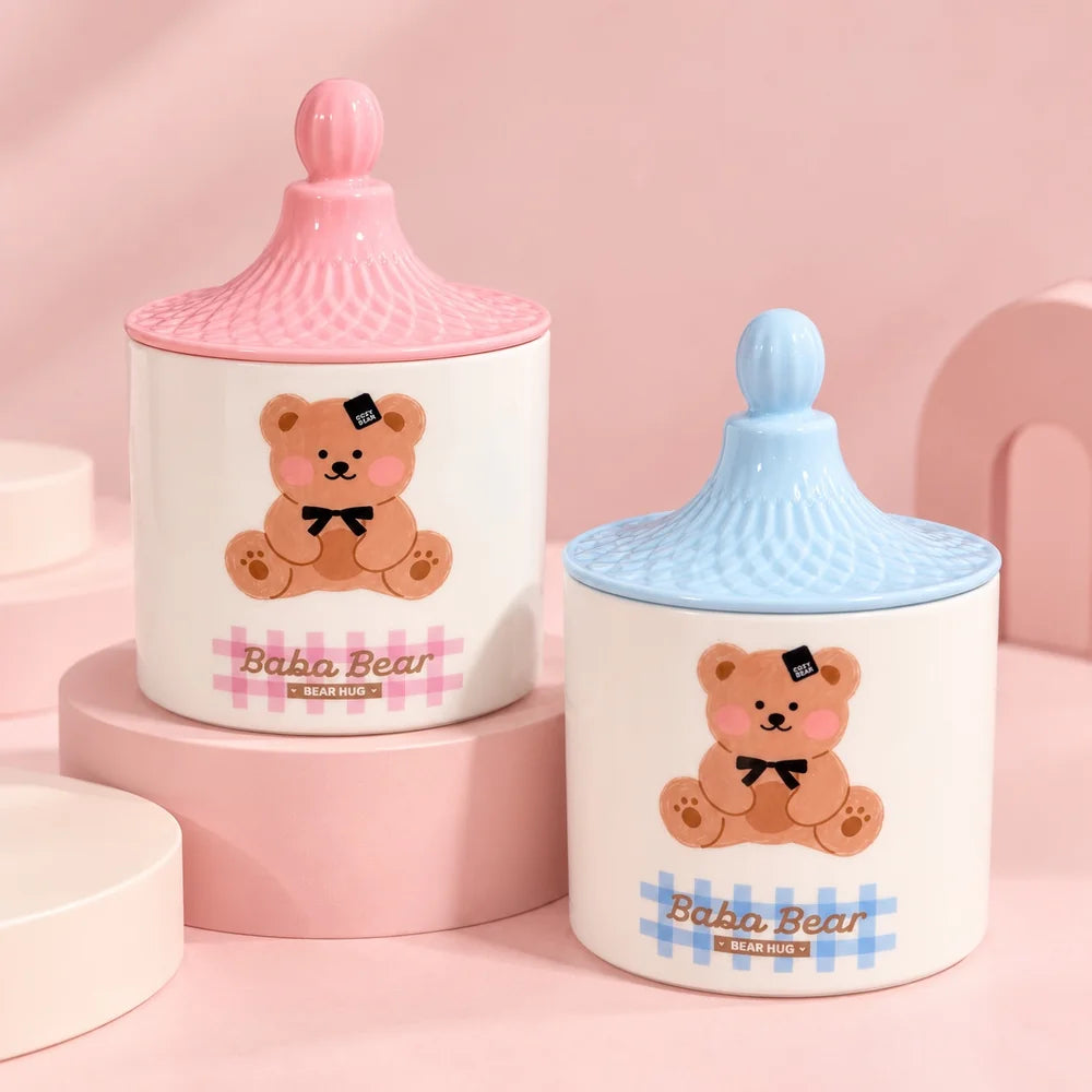 Baba Bear Mini Storage Jar with cute bear design and pastel pink and blue lids