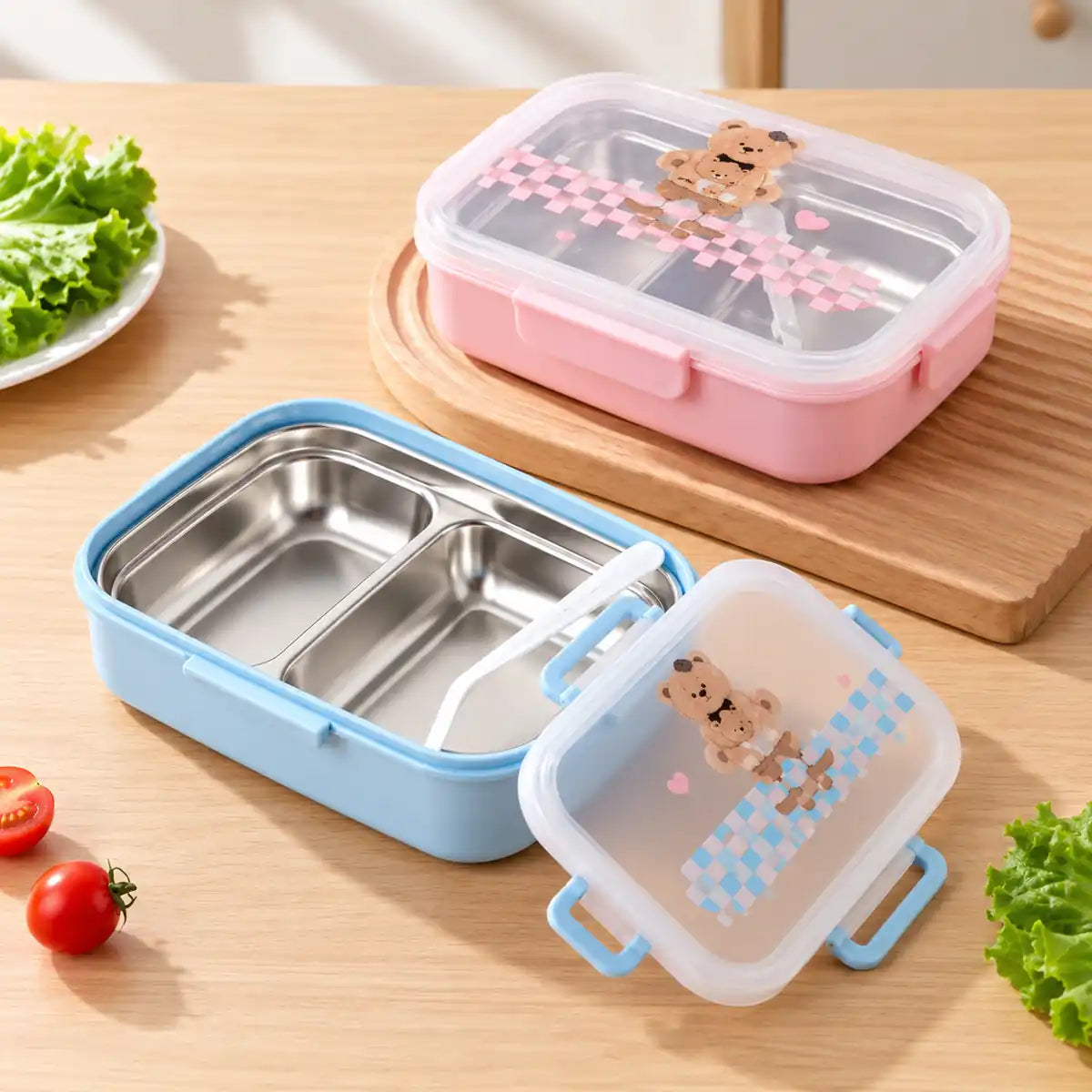 Kawaii Bear 304 stainless steel divided lunch box in pastel pink and blue.