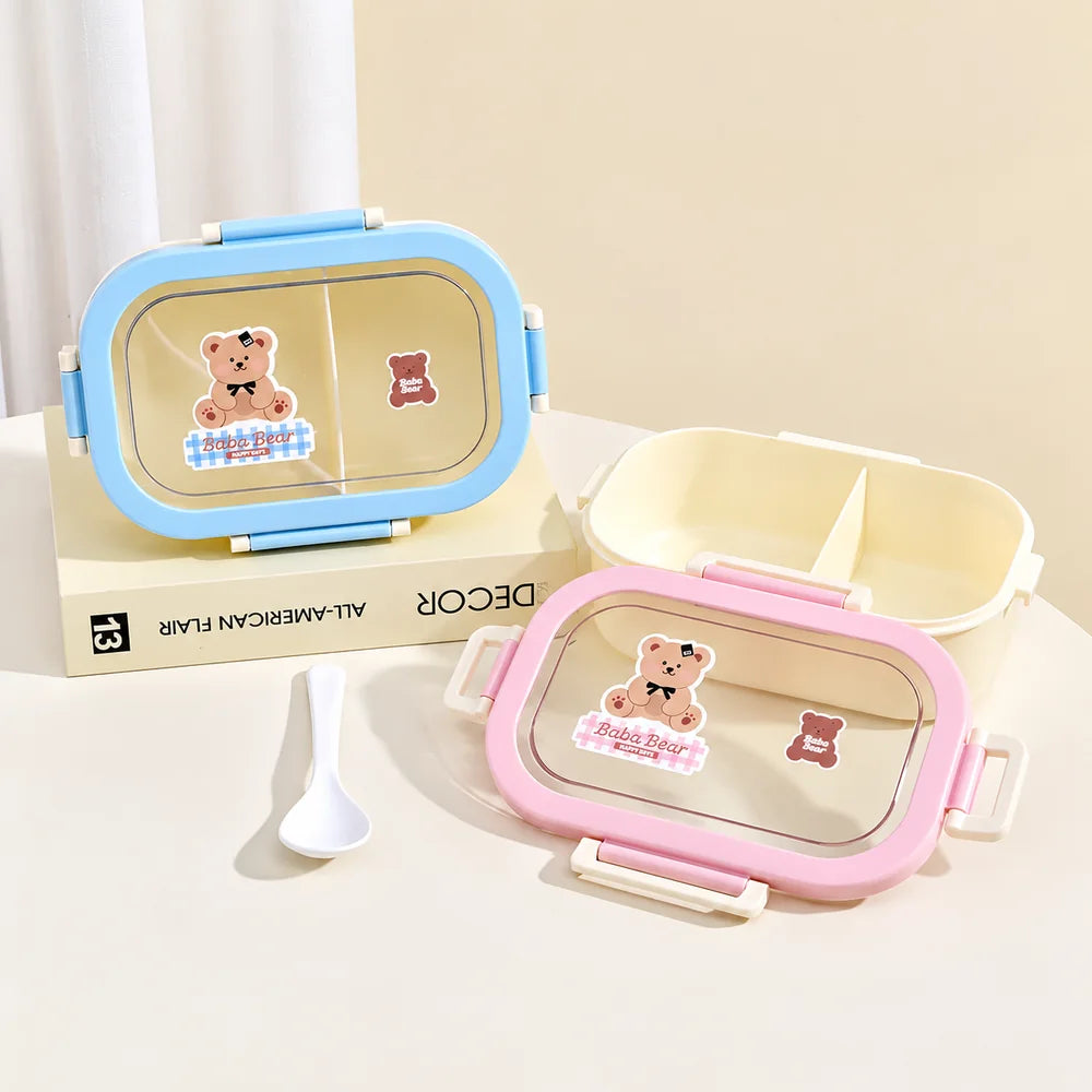 Bear Bento Box with compartments and transparent lid in pastel pink and blue.
