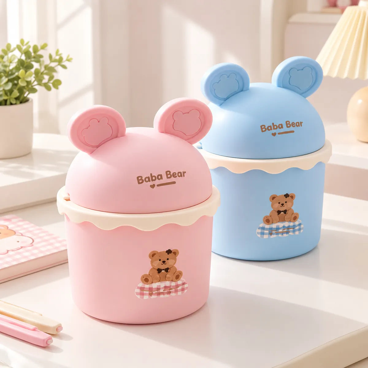Pastel pink and blue Bear Desk Dust Bin with cute bear-ear lid and teddy bear design.