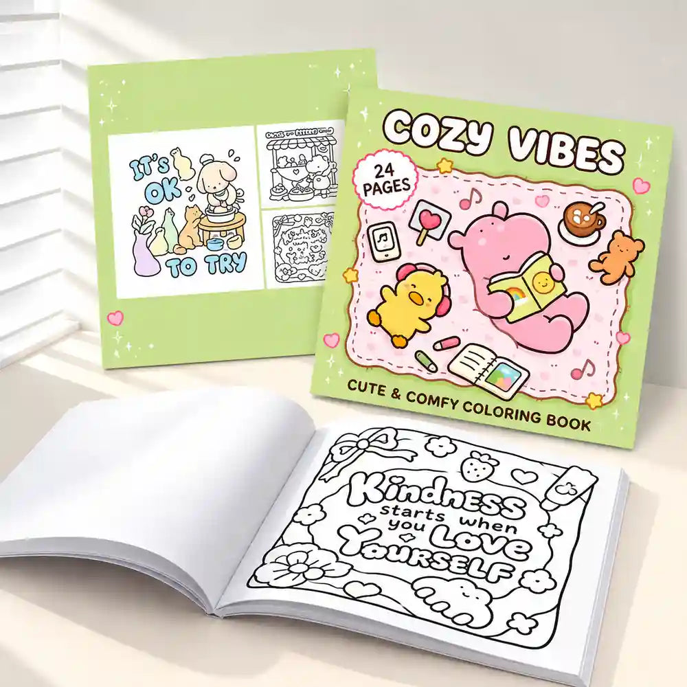 Cozy Vibes cute and comfy 24-page coloring book with adorable relaxing illustrations