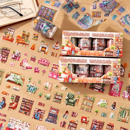 Cozy Weekend PET washi tape set featuring 4 rolls of aesthetic home, bookshelf, and reading corner illustrations for journaling and scrapbooking.