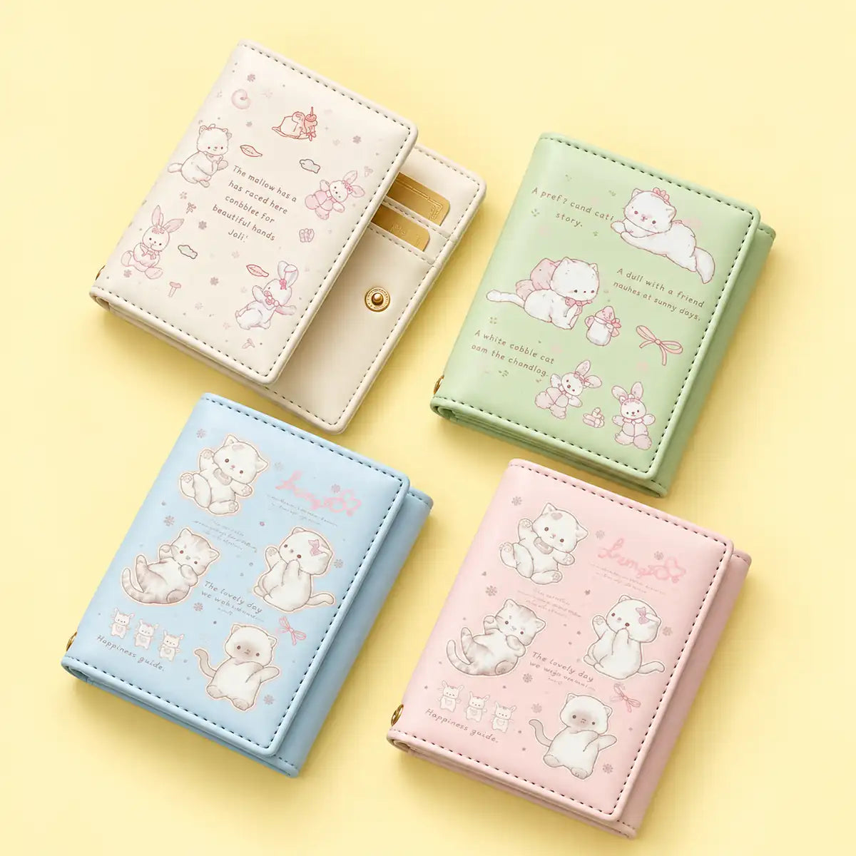 Cute pastel cat and bunny mini wallets available in off white, green, blue and pink.