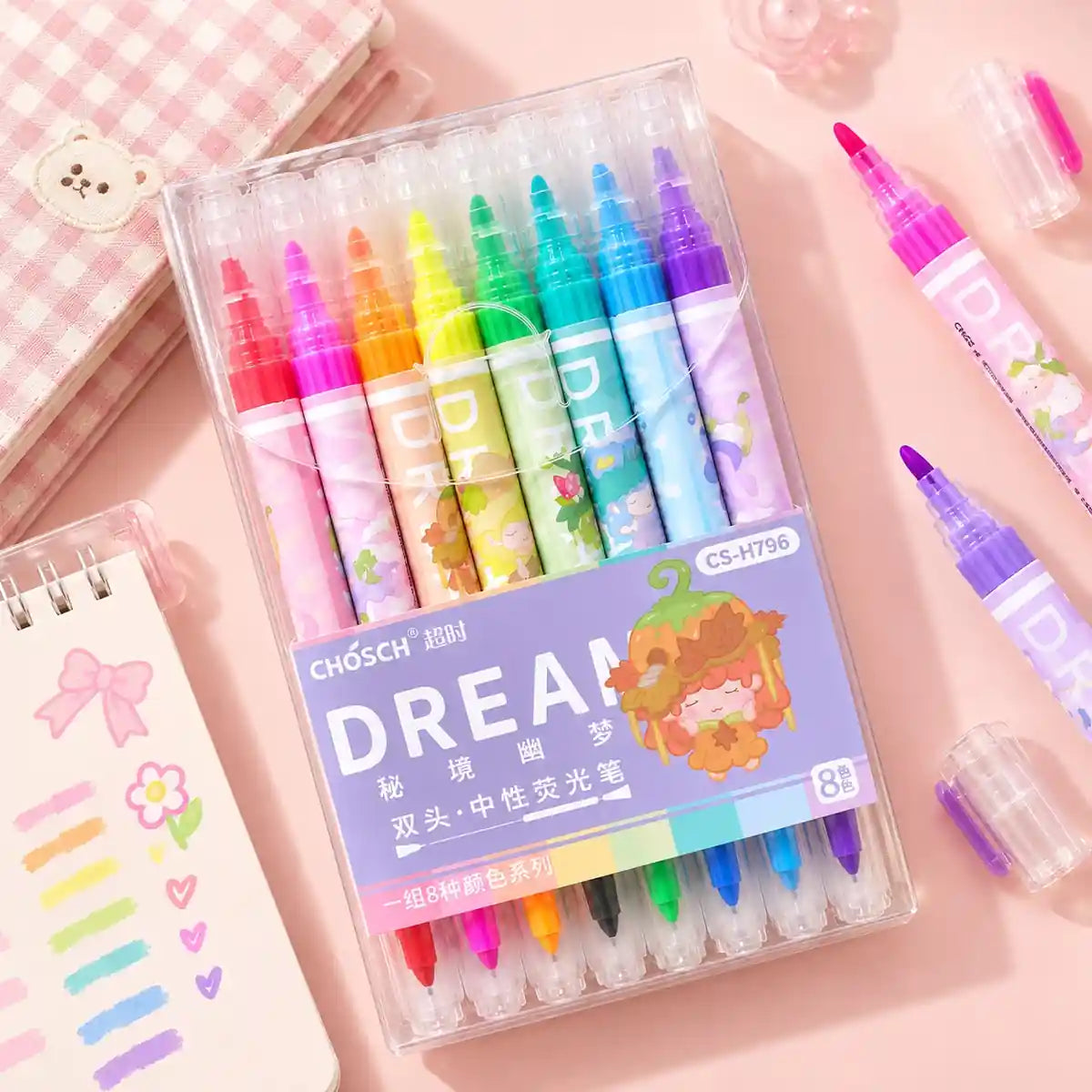 Dream dual tip highlighter set with 8 colorful kawaii highlighters in clear storage case