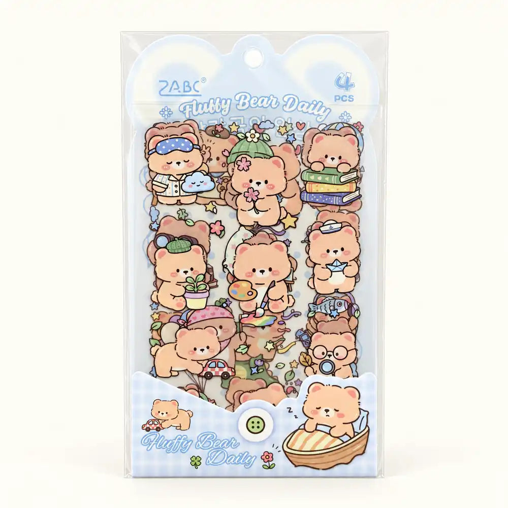 A package of 'Fluffy Bear Dailys' sticker sheets by the brand ZABC, featuring multiple cute cartoon bear illustrations in pastel colors on a clean white background.