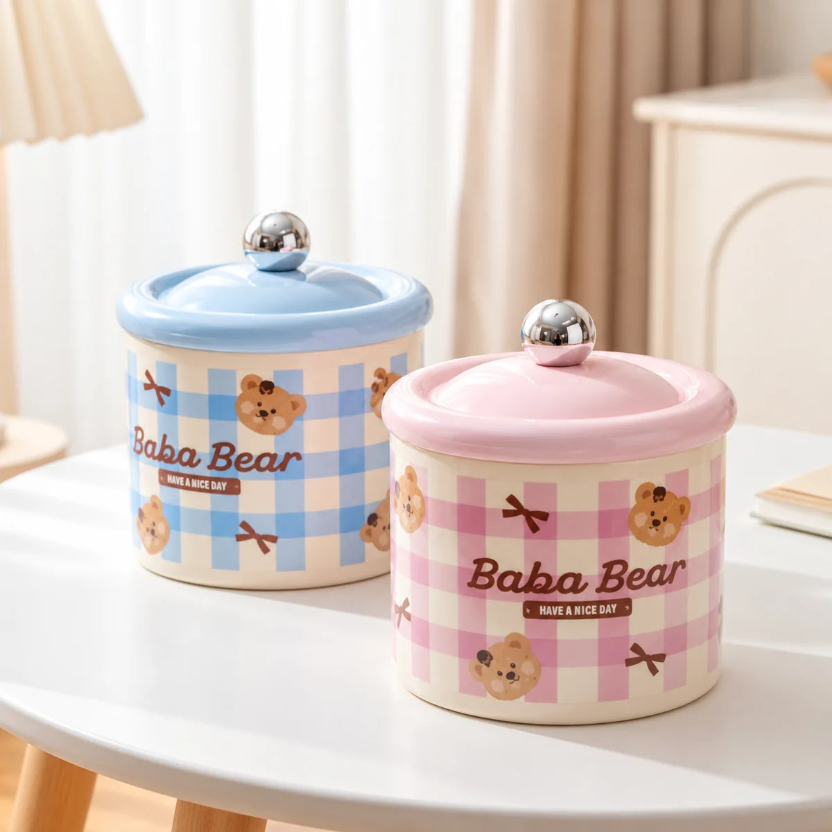 Pink and blue Gingham  Desk Organizer with matching lids and cute bear design.