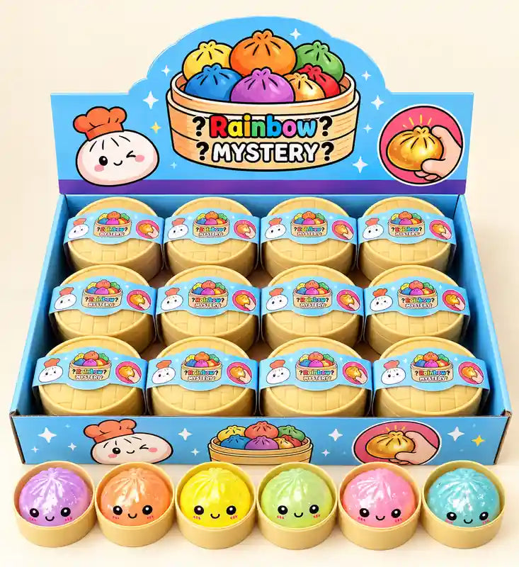 Glitter dumpling squishy mystery toy in assorted pastel colors