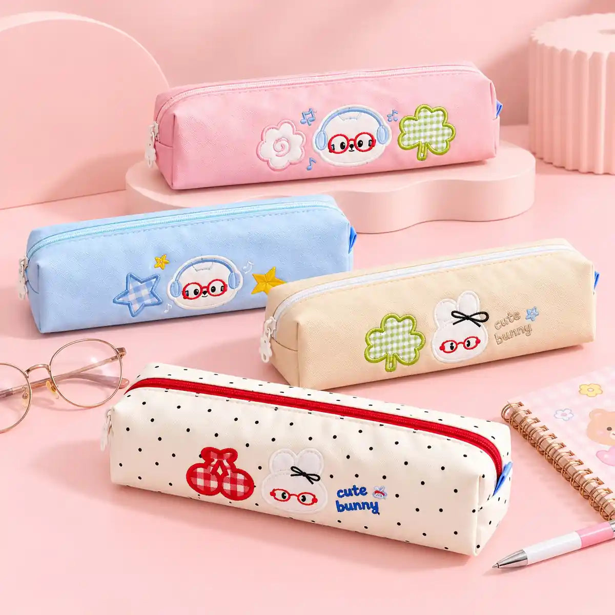 Happy Bunny Pencil Case with cute embroidery and pastel colour options
