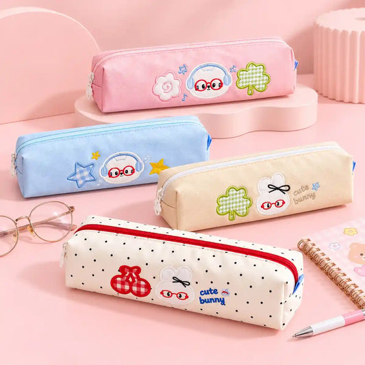 Happy Bunny Pencil Case with cute embroidery and pastel colour options